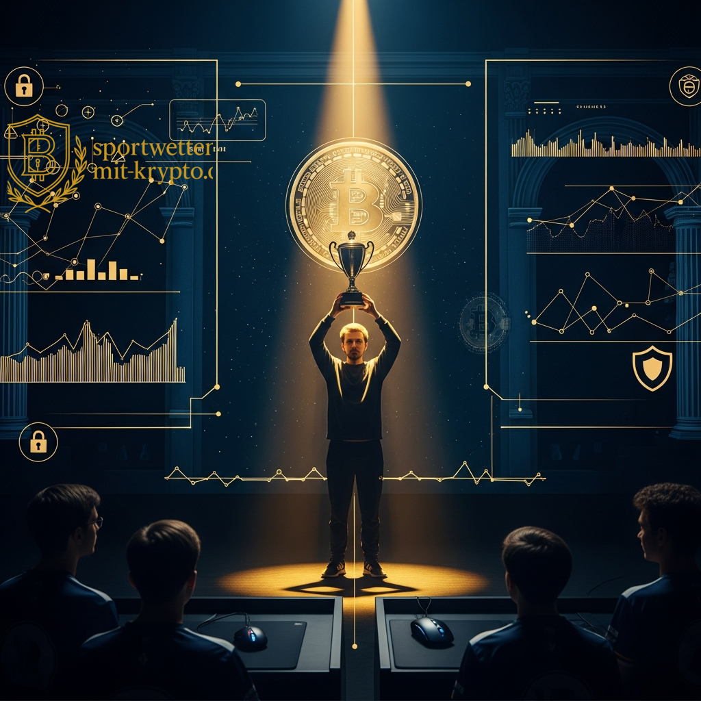 Ein strahlender Sieger hebt einen goldenen Pokal unter einem leuchtenden Bitcoin-Symbol empor, was den Triumph bei der Weltmeisterschaft 2026 durch Krypto-Wetten symbolisiert.